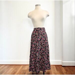 Kathie Lee Black Rose Button Front Down Midi Maxi Skirt Floral Medium 10